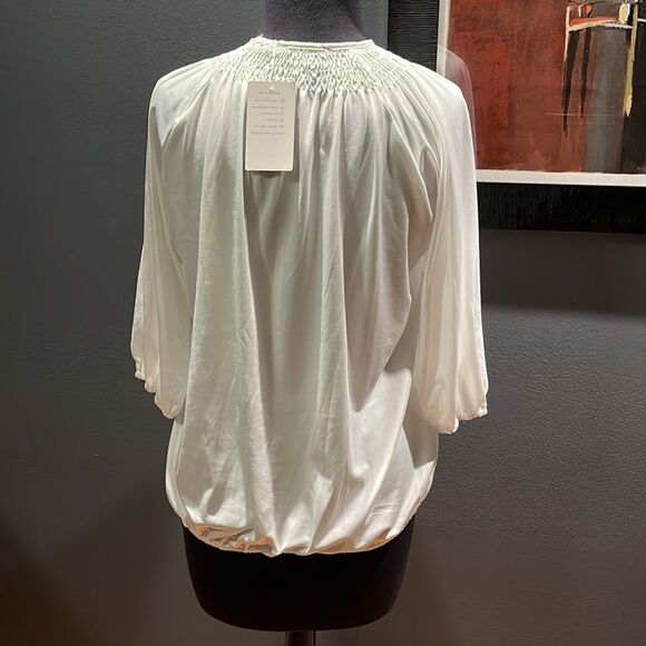 Simple Flavor white smocked elastic neckline silky elastic hem/cuffs top. NWT. - Picture 4 of 6